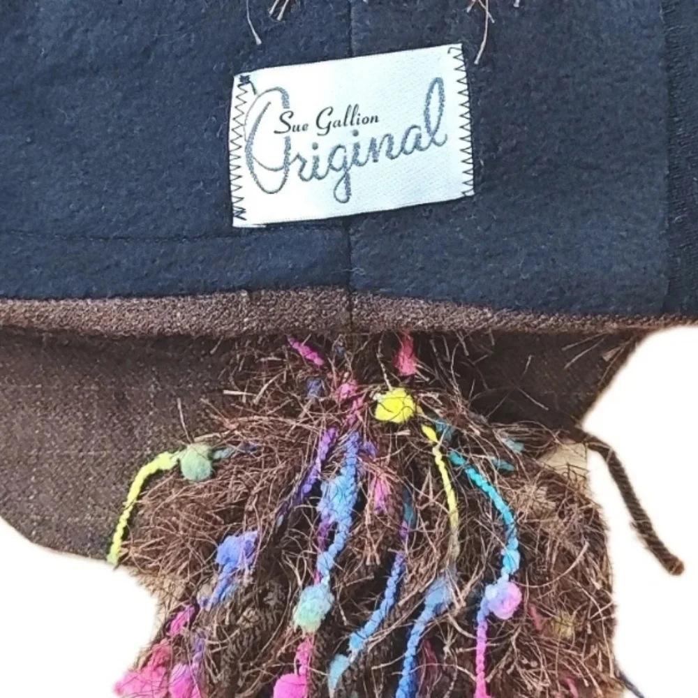 Sue Gallion Y2k Fairy Artsy Boho Brown Frilly Rainbow Confetti Beanie Hat Cap